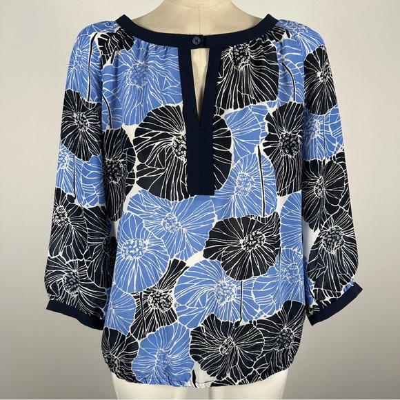 ❤️ Banana Republic Blue and Black Floral Blouse Size M - Picture 1 of 6